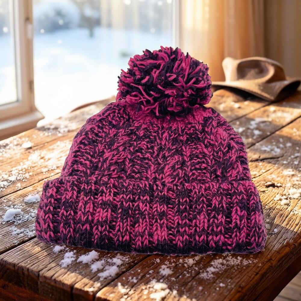 Creative Beanie Hat 100% Wool Pom Pink Purple Knit Pattern Handmade Nepal Winter